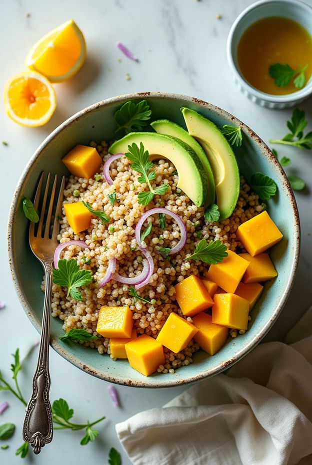Mango Avocado Quinoa Salad Bowl with vibrant colors and healthy ingredients.