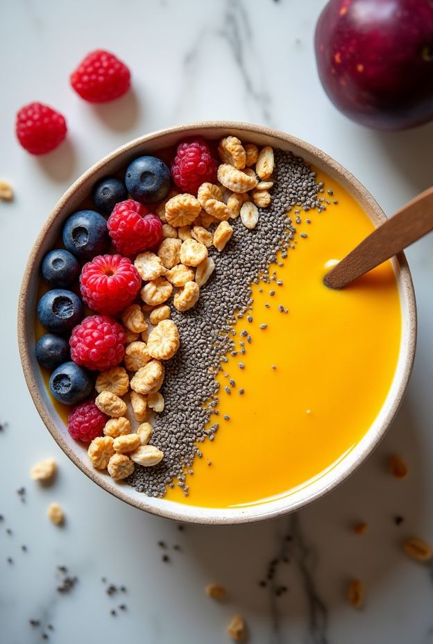 Refreshing Mango Passionfruit Smoothie Bowl with chia seeds, granola, and fresh berries, perfect for a healthy breakfast.
