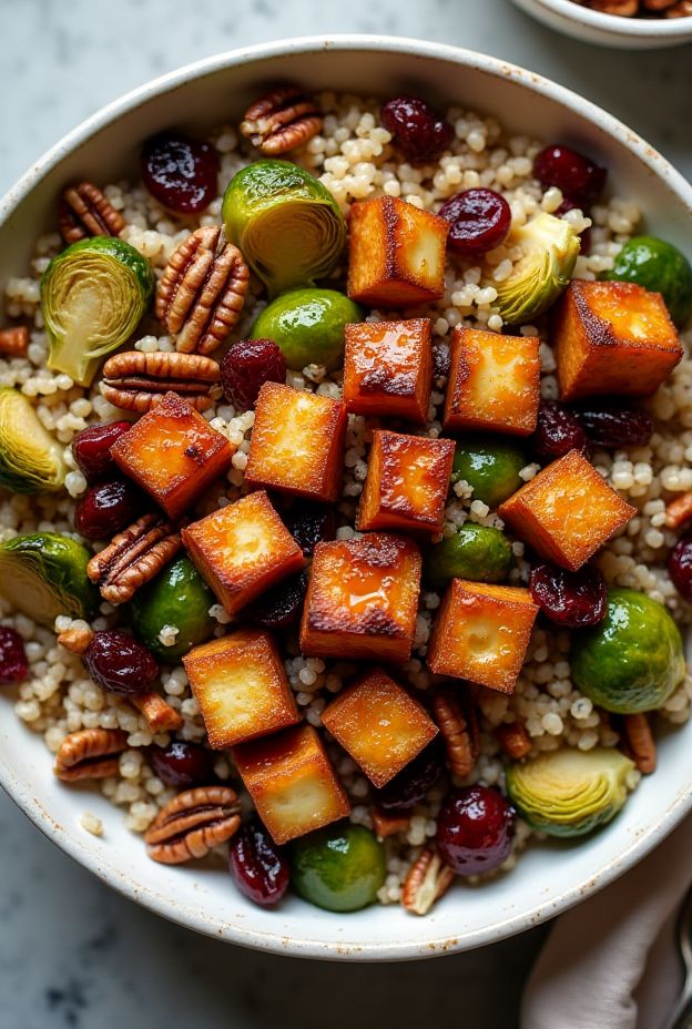 Maple Glazed Tempeh Quinoa Bowl with Brussels Sprouts, Cranberries, and Pecans served in a white bowl.