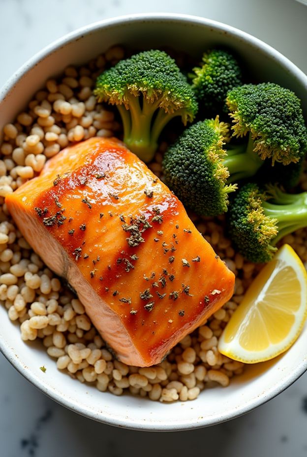 Maple Mustard Salmon Protein Bowl featuring roasted broccoli and farro.