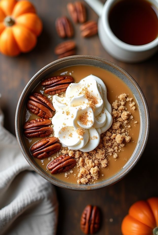 Delicious Maple Pecan Pie Smoothie Bowl topped with whipped cream, pecans, and graham cracker crumble.