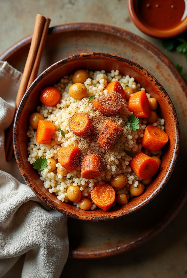 Moroccan Apricot Couscous Bowl featuring fluffy couscous with roasted carrots, chickpeas, and dried apricots in a cinnamon dressing.