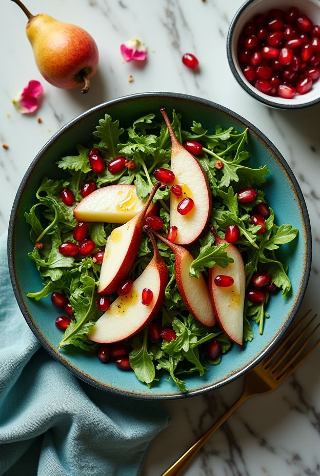 Healthy Pear and Pomegranate Arugula Salad Bowl with honey mustard vinaigrette.