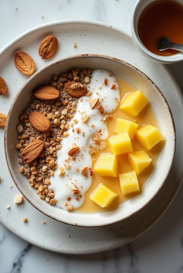 Tropical Pineapple Coconut Millet Bowl with pineapple, coconut milk, and toasted almonds, perfect for a healthy meal.