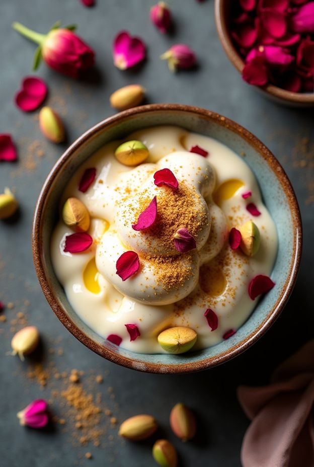 Delicious Pistachio Cardamom Nice Cream Bowl topped with rose petals, perfect for a refreshing dessert.