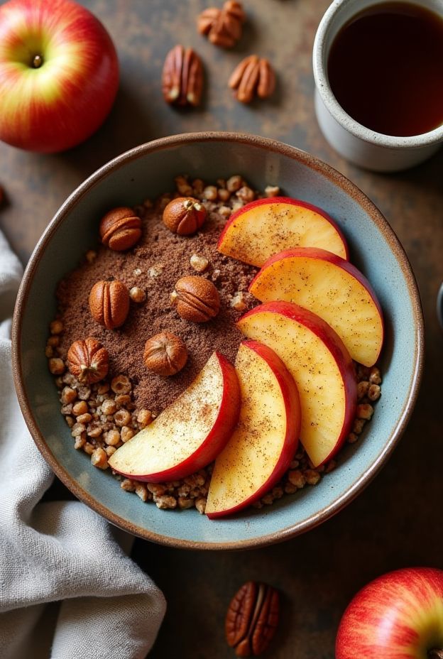 A nutritious Roasted Apple Buckwheat Bowl with sliced apples, cinnamon, and pecans for a wholesome meal.
