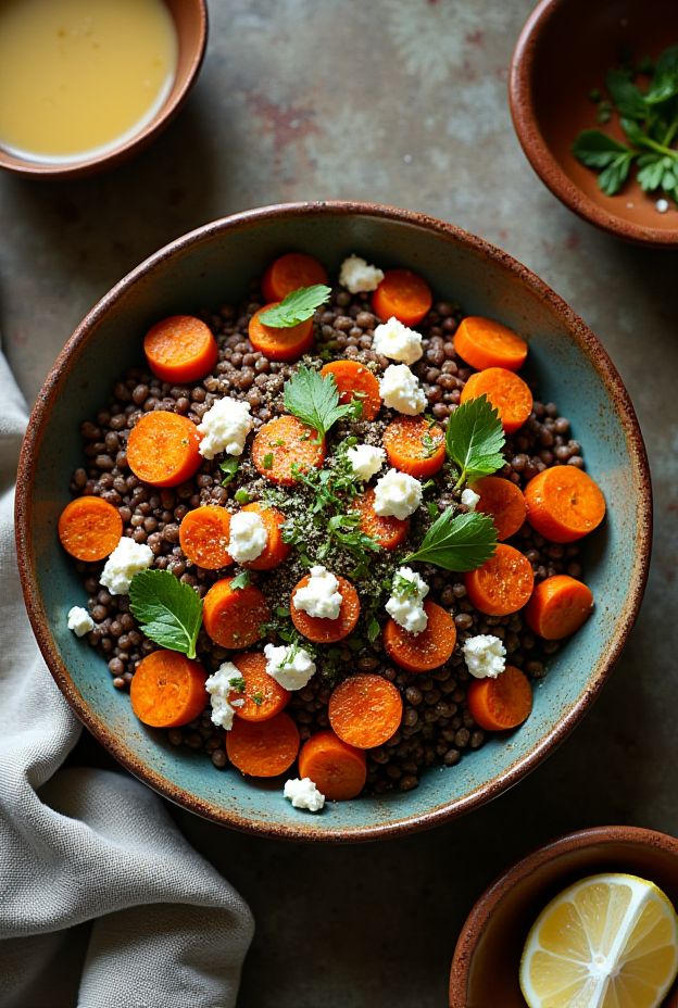 A colorful bowl featuring roasted carrots and lentils topped with feta cheese and fresh herbs, ideal for a nutritious meal.