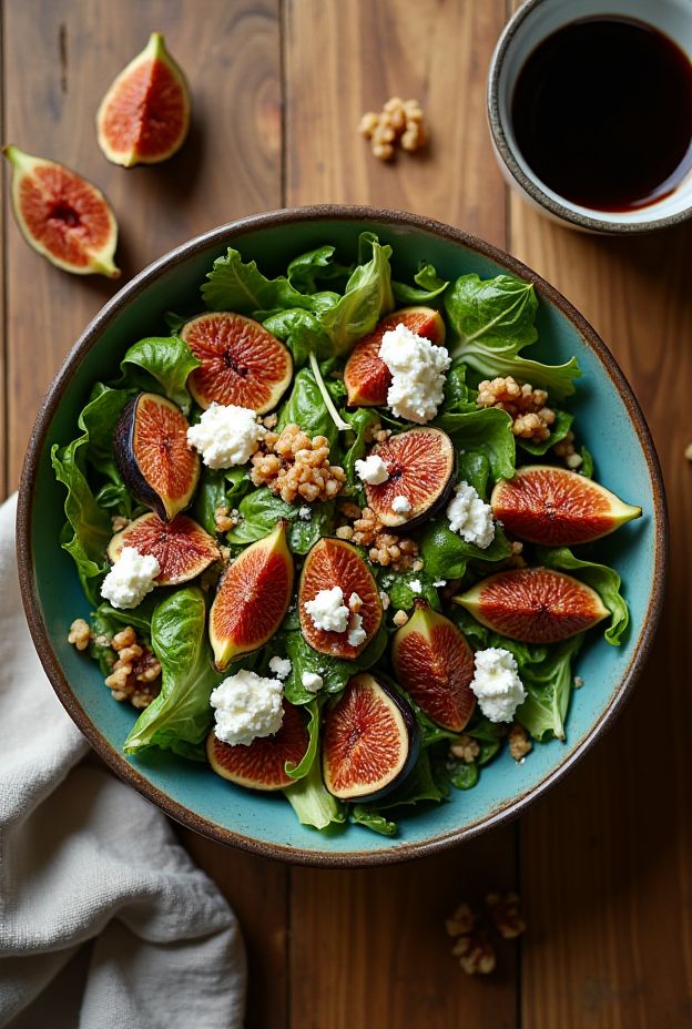 Roasted Fig & Walnut Salad Bowl with mixed greens, walnuts, goat cheese, and balsamic glaze, offering a nutritious meal option.