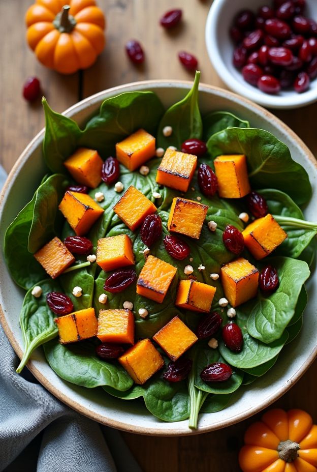 Roasted Pumpkin & Cranberry Salad Bowl with Spinach and Maple Vinaigrette - a healthy seasonal meal.