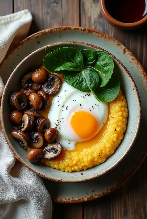 Creamy savory mushroom polenta bowl with sautéed mushrooms, spinach, and a perfectly poached egg.