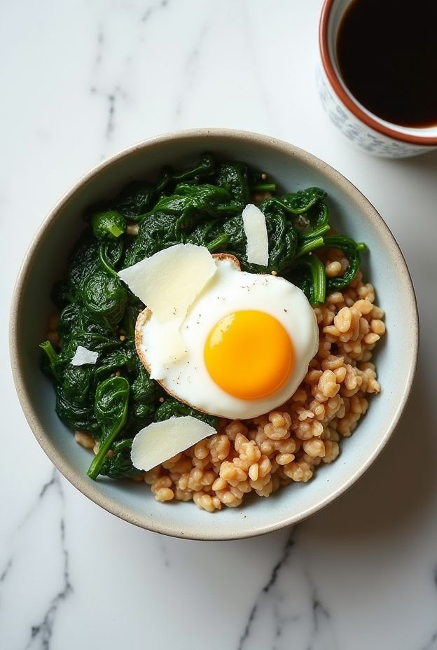 Savory Spinach Egg Oatmeal Bowl with sautéed spinach, poached egg, and parmesan cheese on top.