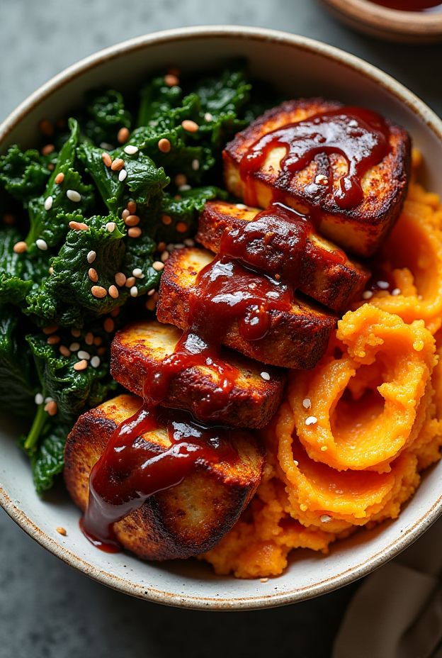 Healthy Smoky BBQ Tempeh Protein Bowl with sweet potato mash and sautéed kale for a nutritious meal.
