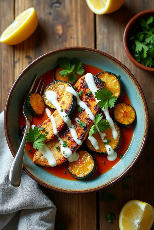 Smoky Paprika Chicken Millet Bowl topped with lemon yogurt drizzle, grilled chicken, roasted zucchini, and fresh herbs.