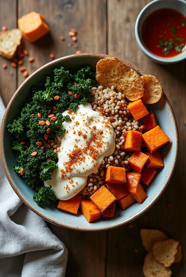 Smoky Sweet Potato Barley Bowl with roasted sweet potatoes, barley, kale chips, and chipotle crema.