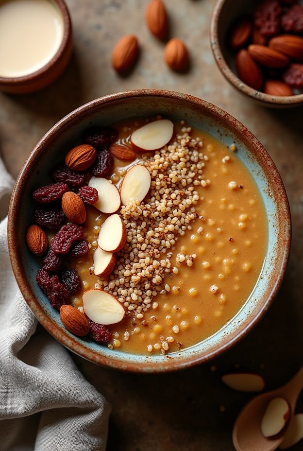 Healthy Spiced Chai Quinoa Breakfast Bowl with almond milk, raisins and spices for a nutritious meal.