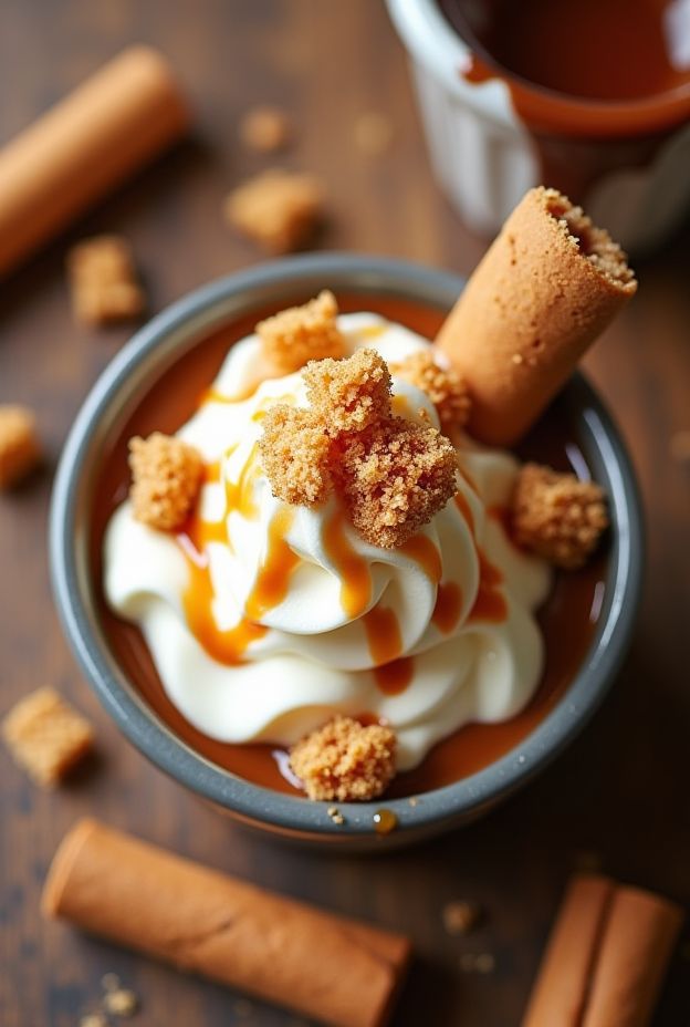 A spiced churro nice cream bowl topped with churro crumble and caramel drizzle, creating a delicious dessert experience.