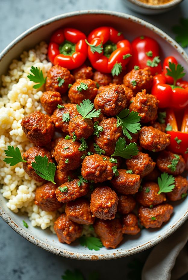 Spicy Harissa Turkey Protein Bowl with ground turkey, couscous, roasted peppers, and garnished with parsley.