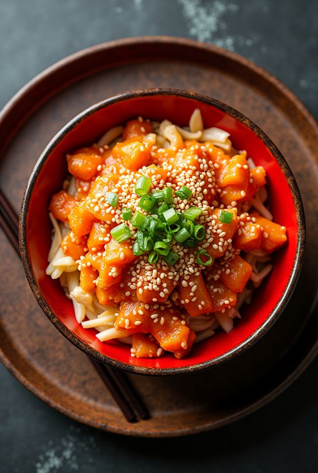Colorful Spicy Kimchi Cabbage Salad Bowl with sesame seeds and scallion dressing for a healthy meal.