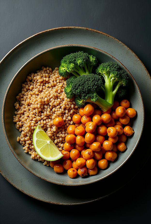 Spicy Peanut Chickpea Farro Bowl with roasted chickpeas, charred broccoli, and peanut sauce.