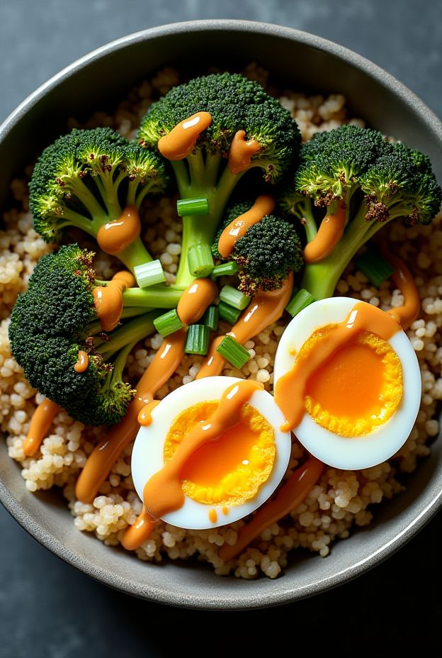 Spicy Peanut Egg Protein Bowl with soft-boiled eggs, roasted broccoli, and quinoa topped with spicy peanut sauce.