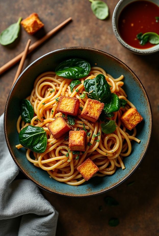 Spicy Peanut Tempeh Udon Bowl with crispy tempeh, udon noodles, spinach and spicy peanut sauce.