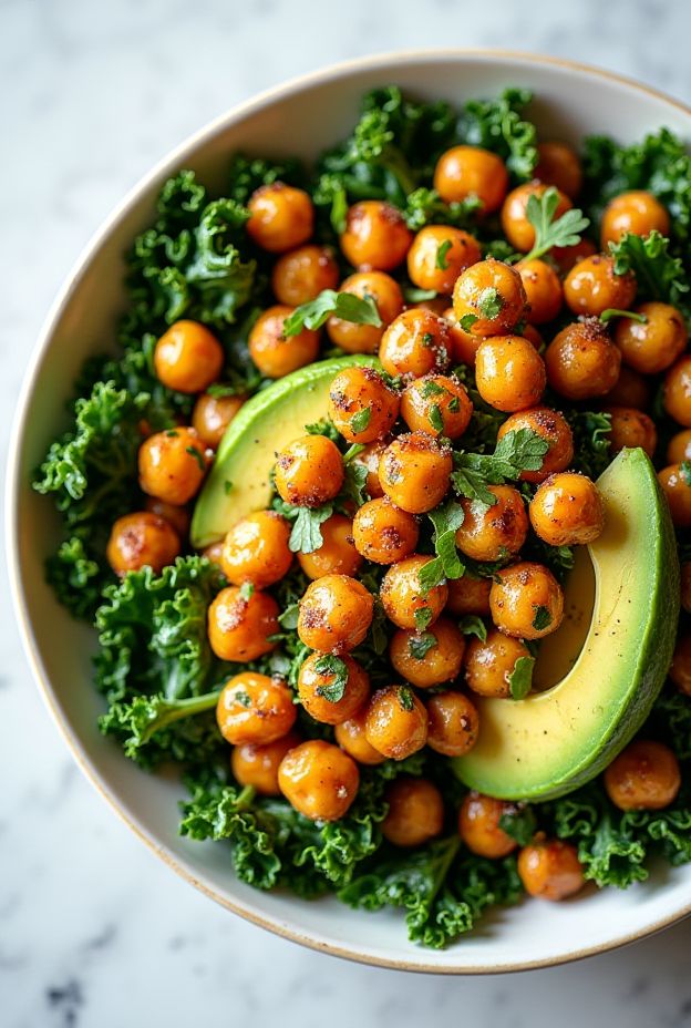 A colorful Spicy Roasted Chickpea Kale Salad Bowl featuring crispy chickpeas, fresh kale, avocado, and a zesty chili-lime vinaigrette.