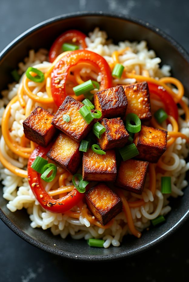 Spicy Tahini Tofu Rice Noodle Bowl featuring crispy tofu and roasted peppers over rice noodles.