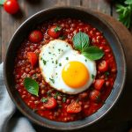 Spicy Tomato Lentil Breakfast Bowl with poached egg, lentils, and fresh herbs.
