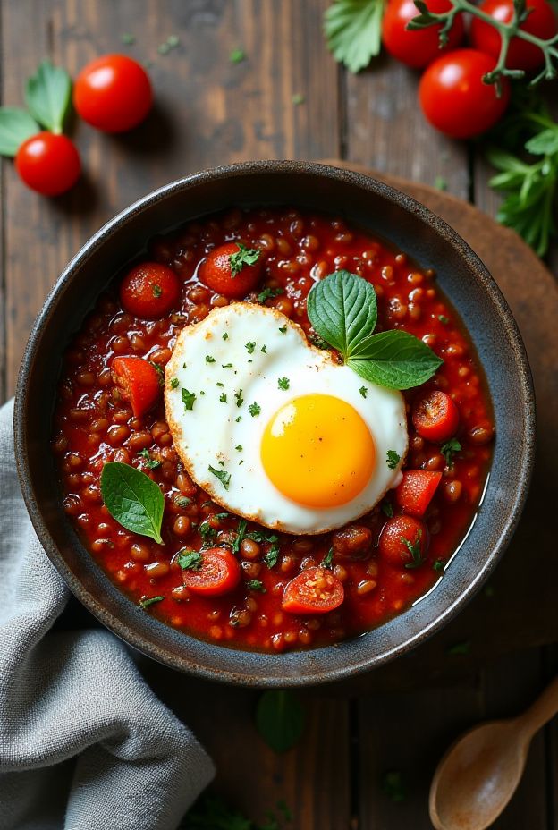Spicy Tomato Lentil Breakfast Bowl with poached egg, lentils, and fresh herbs.