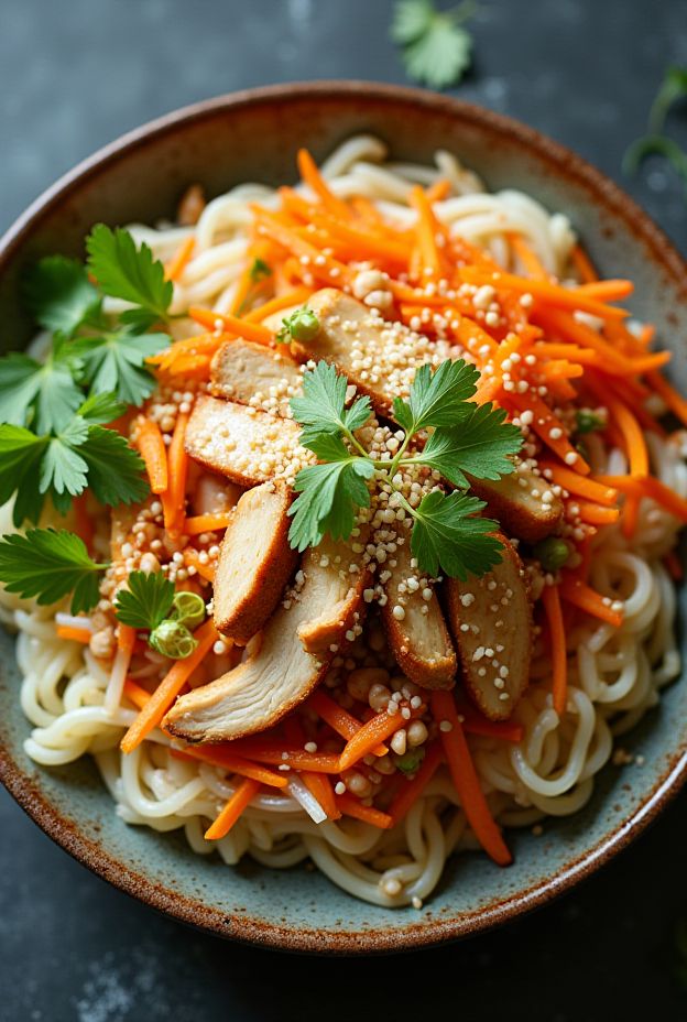Thai Lemongrass Chicken Rice Noodle Bowl with fresh herbs and vibrant vegetables.