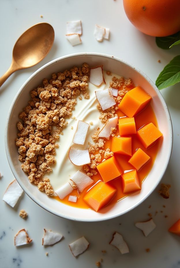 Tropical Papaya Yogurt Bowl with yogurt, diced papaya, granola, and coconut flakes for a healthy breakfast.