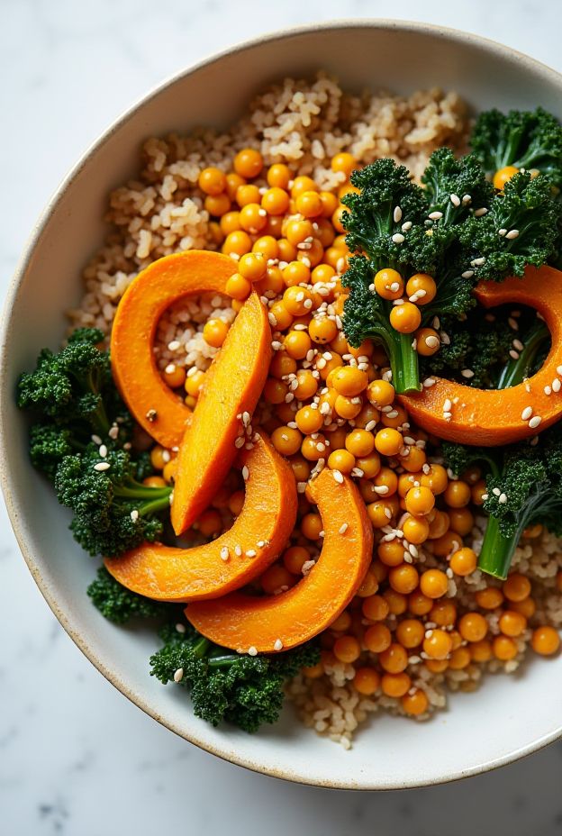 Nutritious Turmeric Lentil Brown Rice Bowl featuring roasted pumpkin and sautéed kale.