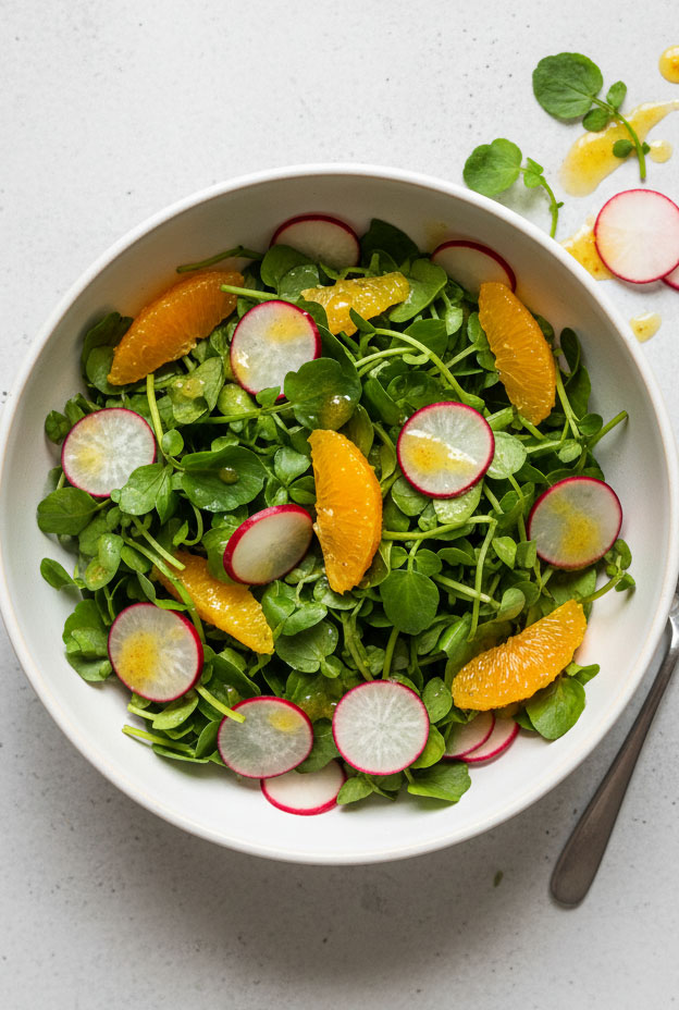 Watercress radish citrus salad bowl