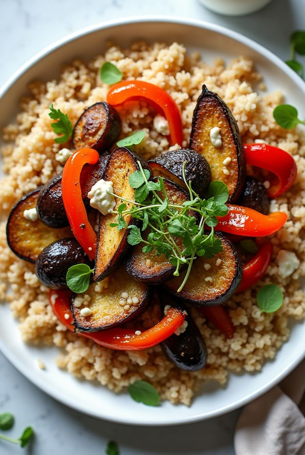 Za’atar roasted veggie bulgur bowl with eggplant and peppers, topped with tahini, fresh herbs, and sesame seeds.