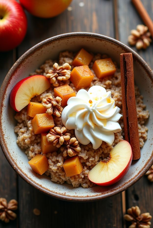 Hearty Apple Pie Steel-Cut Oats Bowl topped with cinnamon apples, walnuts, and creamy vanilla for a nutritious breakfast.