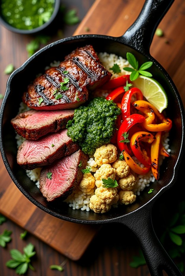 Argentine Steak Protein Bowl featuring grilled steak, cauliflower rice, colorful peppers, and chimichurri sauce in a cast iron pot.