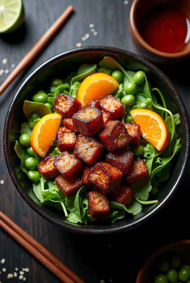 Crispy duck confit salad bowl with mixed greens, mandarin oranges, edamame, and hoisin vinaigrette.