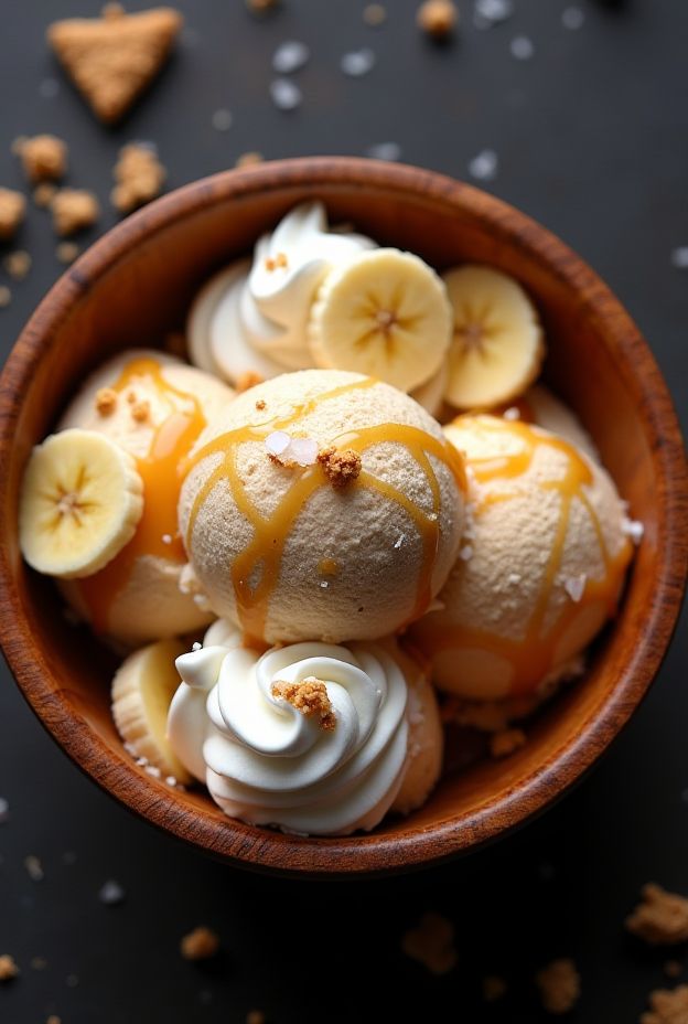 Delicious Banoffee Pie Nice Cream Bowl with frozen banana nice cream and creamy date caramel, garnished with whipped coconut cream.