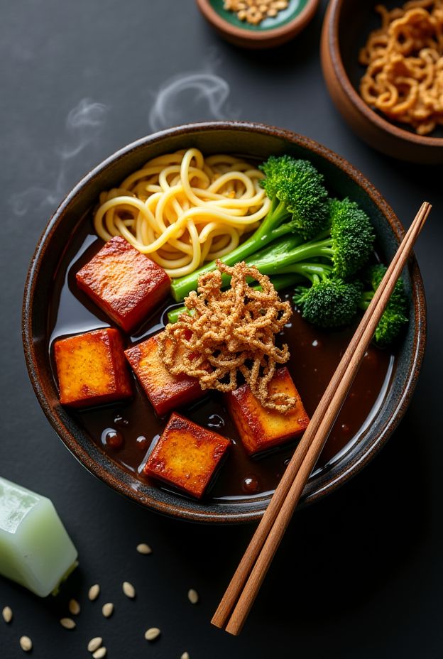 Savory Black Bean Sauce Tofu Egg Noodle Bowl with Chinese broccoli and garlic chips, perfect for a nutritious meal.