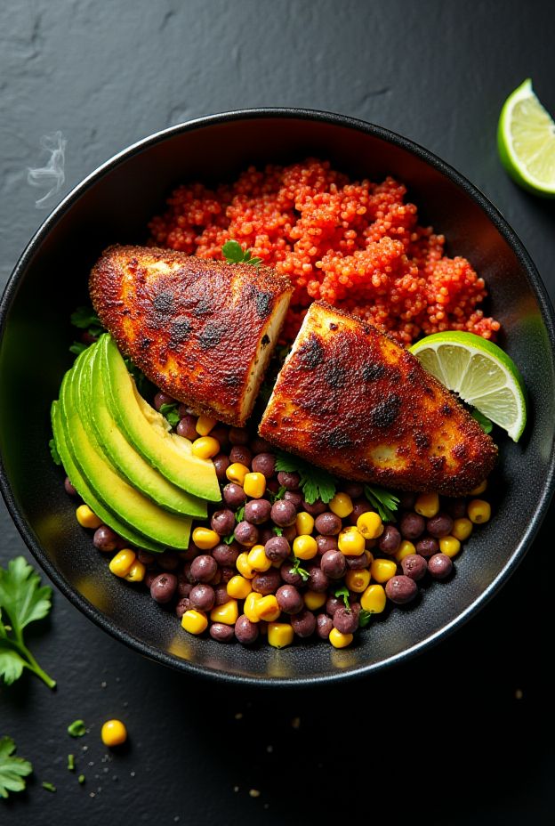 Vibrant blackened catfish bowl with red quinoa, corn, black-eyed peas, and avocado slices.