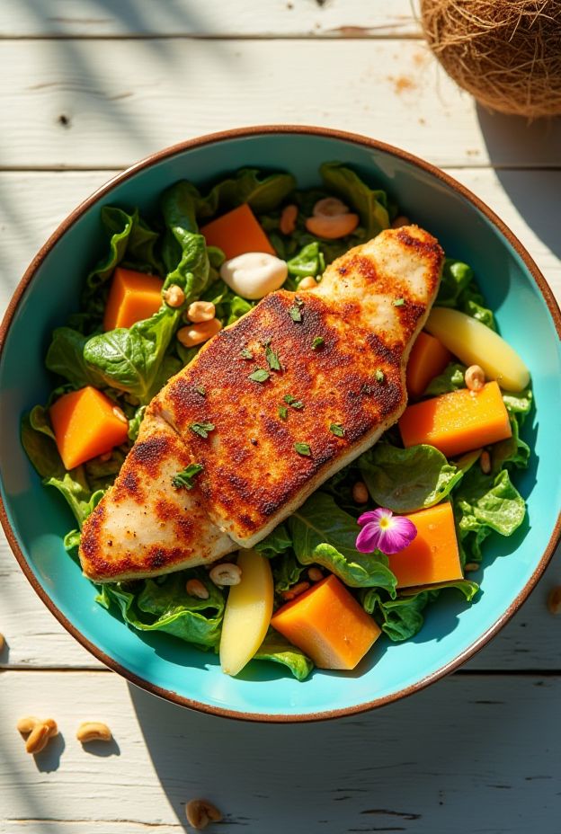 Cajun Blackened Mahi-Mahi Tropical Salad Bowl topped with pineapple, papaya, and macadamia nuts in a fresh spring mix.