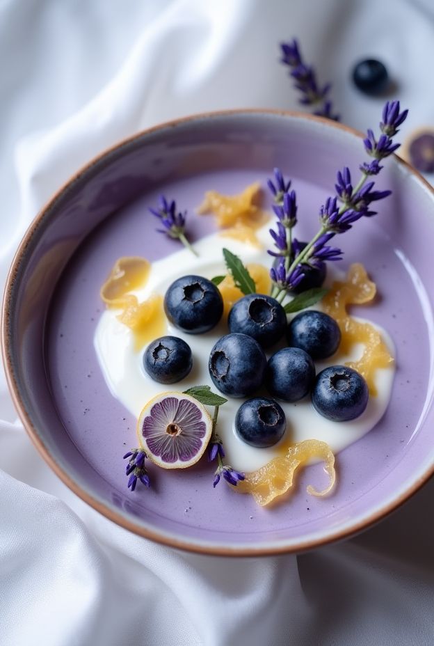 Blueberry Lavender Yogurt Bowl with blueberries, honey, candied lemon peel, and fresh lavender in a vibrant dish.