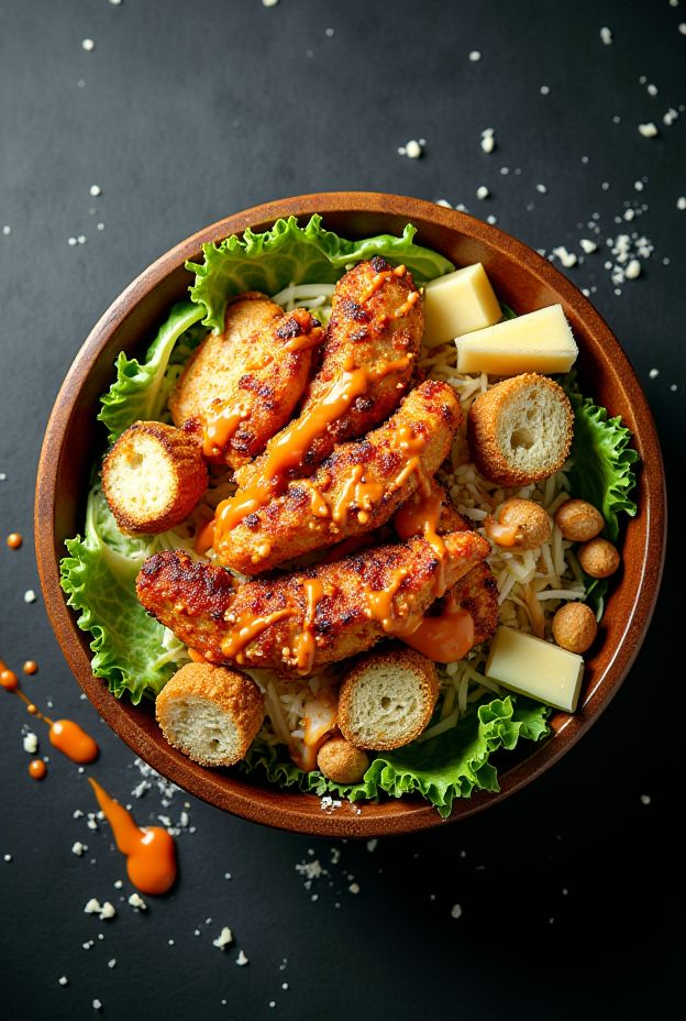 A delicious Zesty Buffalo Chicken Caesar Salad Bowl filled with spicy chicken, crisp romaine, crunchy croutons, and creamy blue cheese dressing.