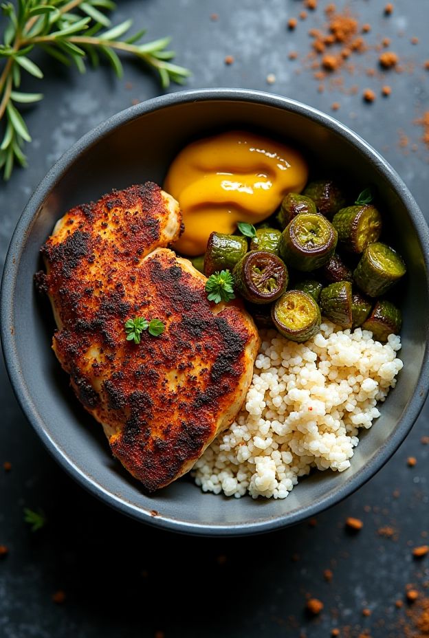 A delicious Cajun blackened chicken protein bowl featuring quinoa and roasted okra with mustard sauce.