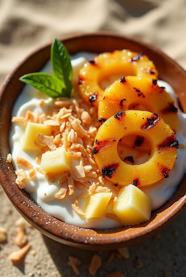 Caramelized Pineapple Coconut Bowl with grilled pineapple, coconut yogurt, and toasted coconut, garnished with lime zest.