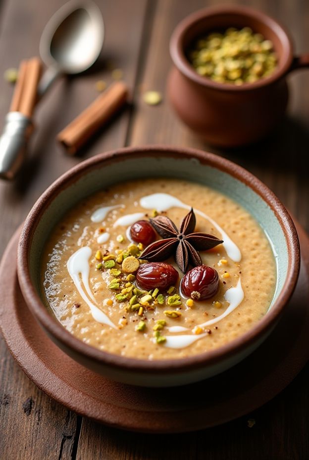 Chai Spiced Millet Porridge Bowl with coconut milk, dates and pistachios, perfect for a healthy breakfast.