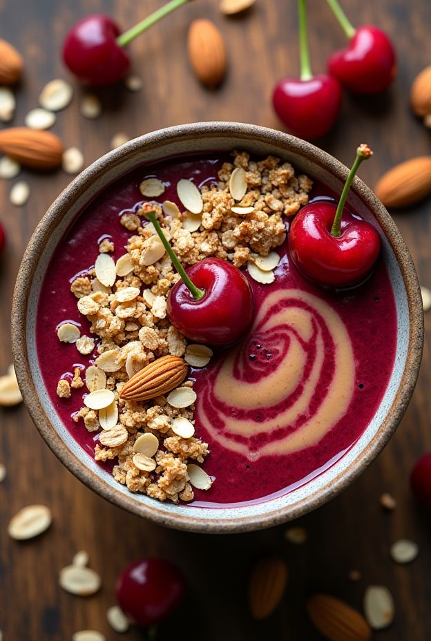 Vibrant Cherry Almond Crumble Smoothie Bowl topped with almond butter swirl, granola, sliced almonds, and fresh cherries.