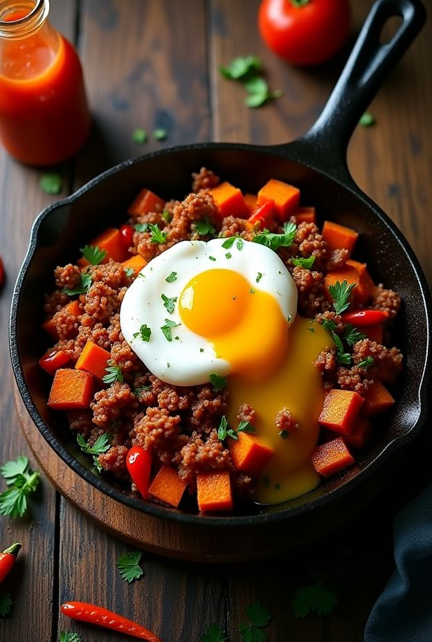 Spicy chorizo and sweet potato hash bowl topped with poached eggs, vibrant and nutritious meal idea.