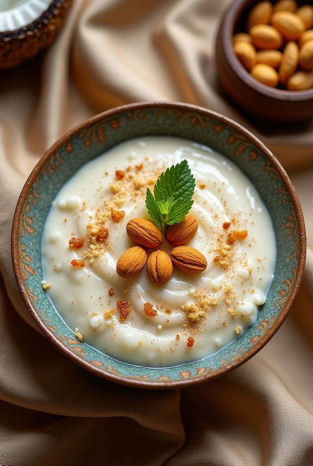 Warm coconut rice pudding with cardamom, topped with almonds and mint, served in a decorative bowl.
