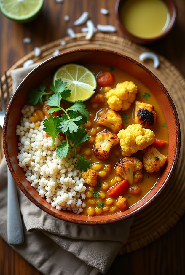 Coconut Curry Lentil & Millet Bowl with roasted cauliflower, fresh cilantro, and a hearty coconut curry sauce.